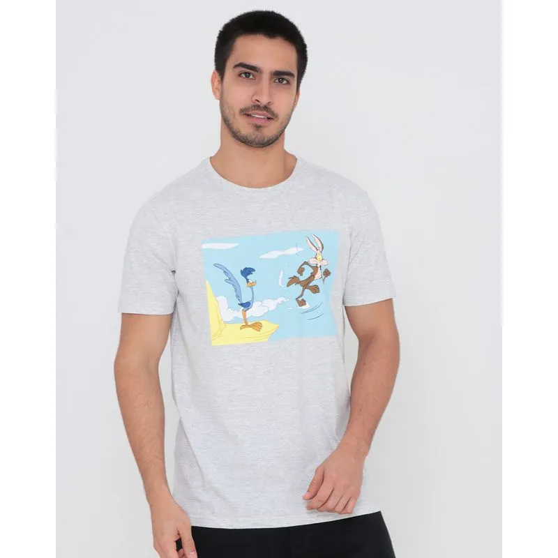 Camiseta Masculina Estampada Coyote e Papa-Léguas Looney Tunes Cinza GG
