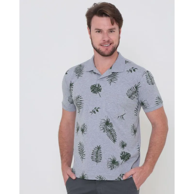 Polo Masculina Estampa Folhas Cinza M