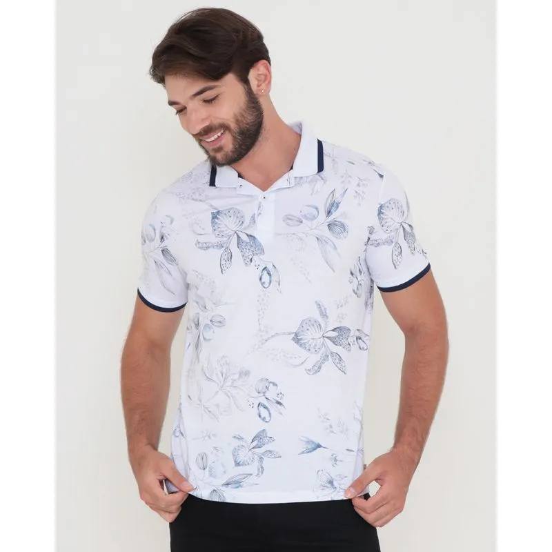Polo Masculina Sawary Estampa Floral Mescla Branca GG