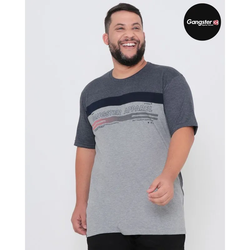 Camiseta Plus Size Manga Curta Recortes Gangster Marinho G3