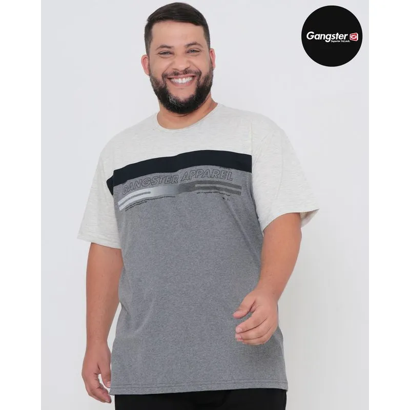Camiseta Plus Size Manga Curta Recortes Gangster Bege Claro G2