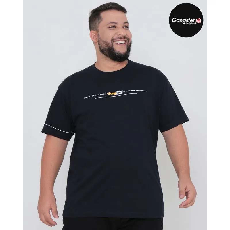 Camiseta Plus Size Manga Curta Estampada Gangster Azul Marinho G4