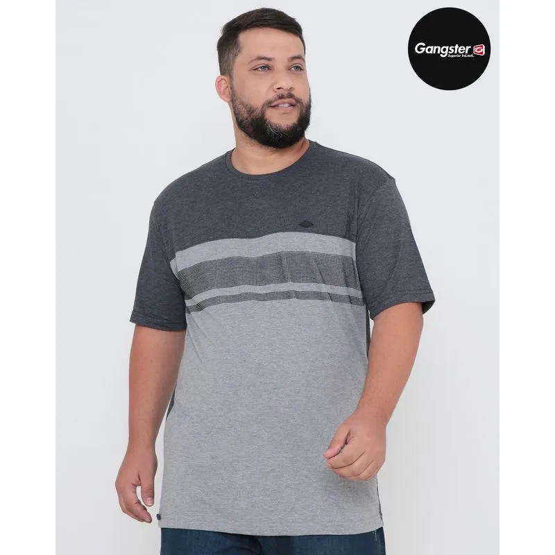 Camiseta Plus Size Manga Curta Recorte Mescla Gangster Cinza G3