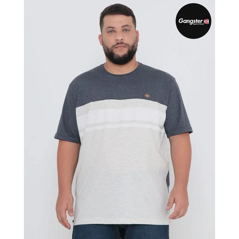 Camiseta Plus Size Manga Curta Recorte Mescla Gangster Cinza Escuro G2