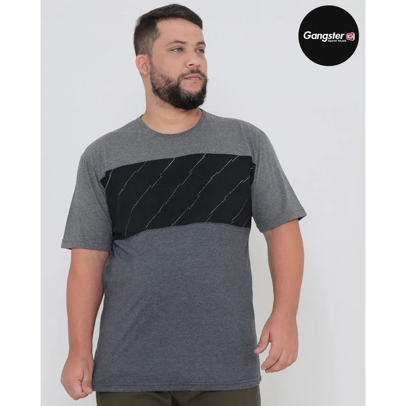 Camiseta Plus Size Manga Curta Estampa Relevo Gangster Cinza Escuro G1