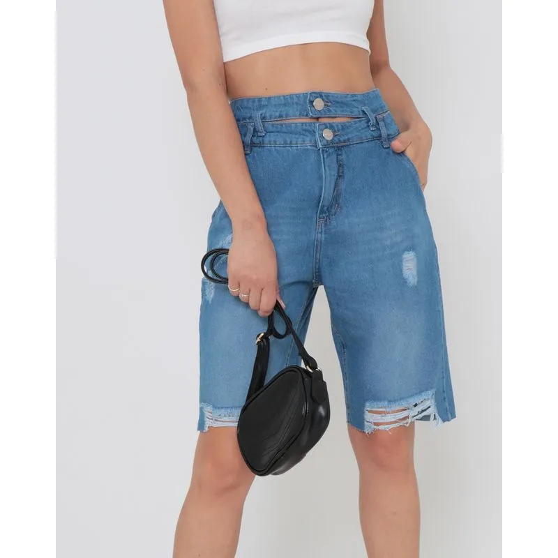 Bermuda Jeans Feminina Cintura Recorte Vazado Destroyed Azul 36