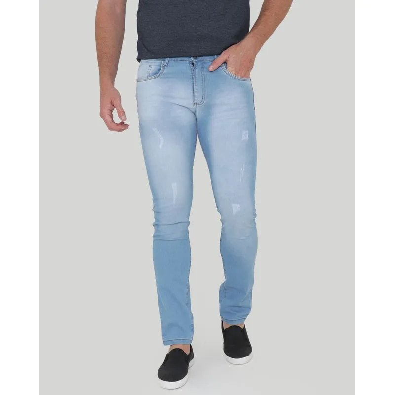 Calça Jeans Masculina Slim Com Puídos Azul Claro 48
