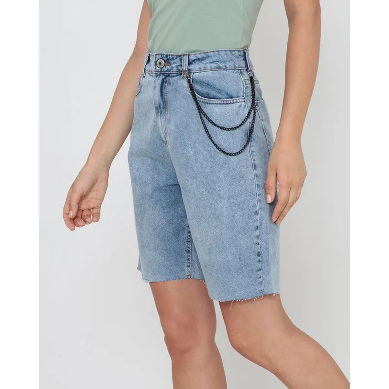 Bermuda Jeans Feminina Com Corrente Azul 42
