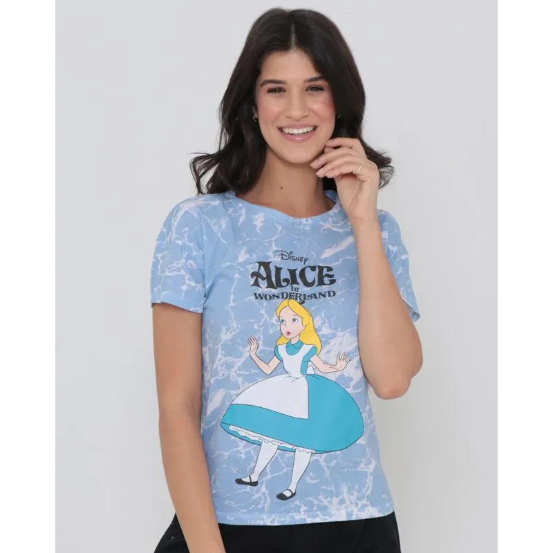 Camiseta Feminina Disney Alice Tie Dye Manga Curta Azul P
