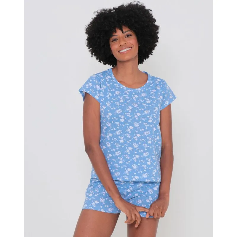 Pijama Feminino Curto Estampado Floral Azul GG