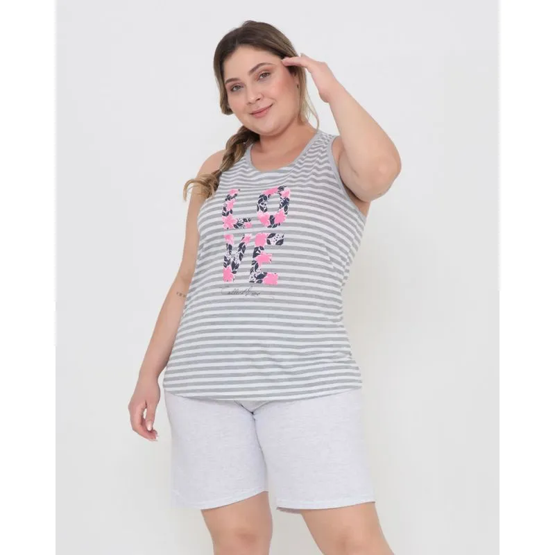 Pijama Feminino Plus Size Nadador Listrado Mescla Cinza G3