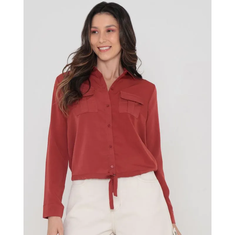 Camisa Feminina Amarração Bolsos Lisa Marrom G