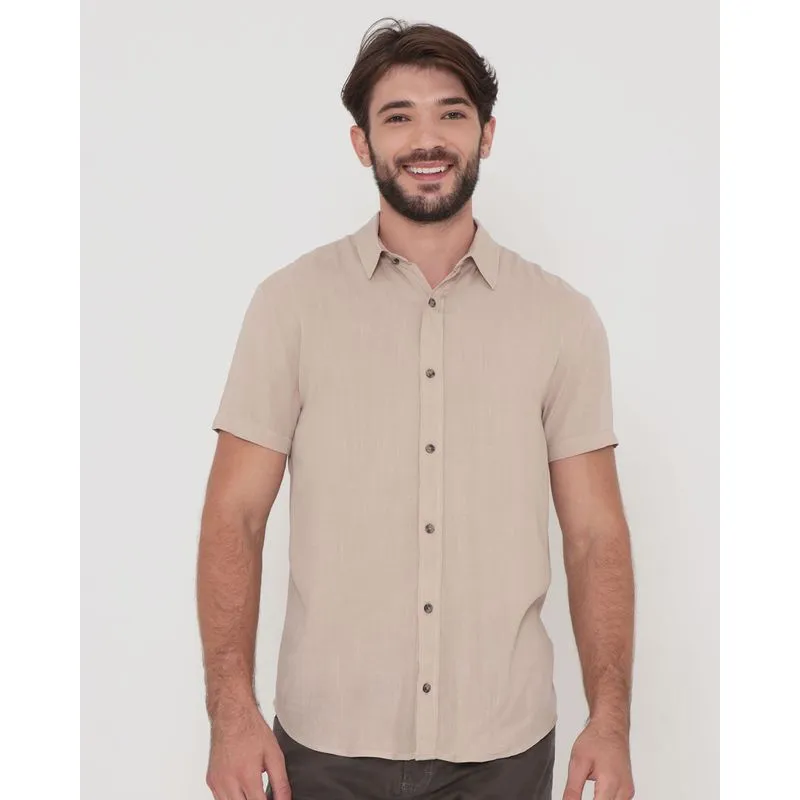 Camisa Viscose Masculina Manga Curta Bege Claro GG