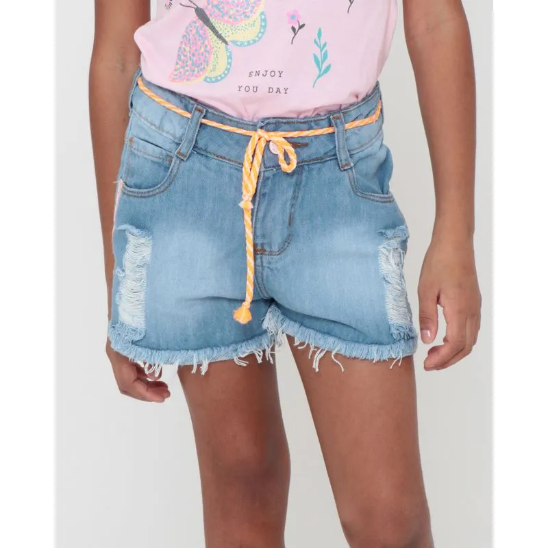 Short Jeans Infantil Com Cordão Destroyed Denim Azul 8
