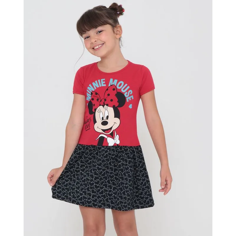 Vestido Infantil Manga Curta Minnie Mouse Disney Vermelho 8