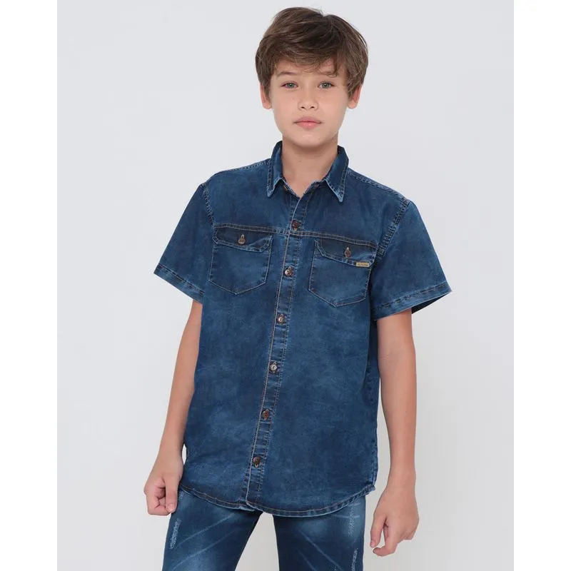 Camisa Jeans Juvenil Manga Curta Azul Escuro 16
