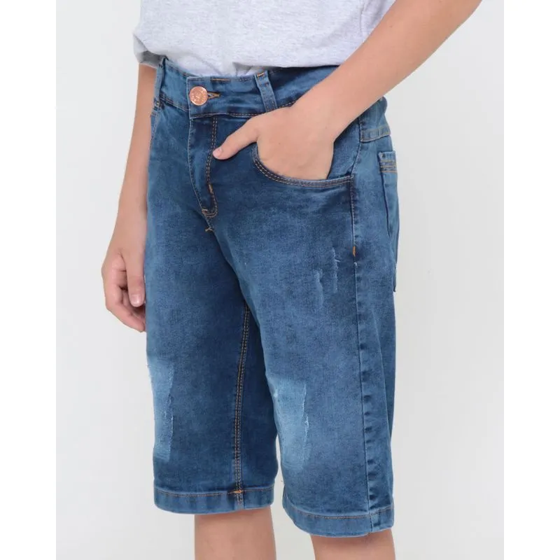 Bermuda Jeans Juvenil Com Puídos Azul 12