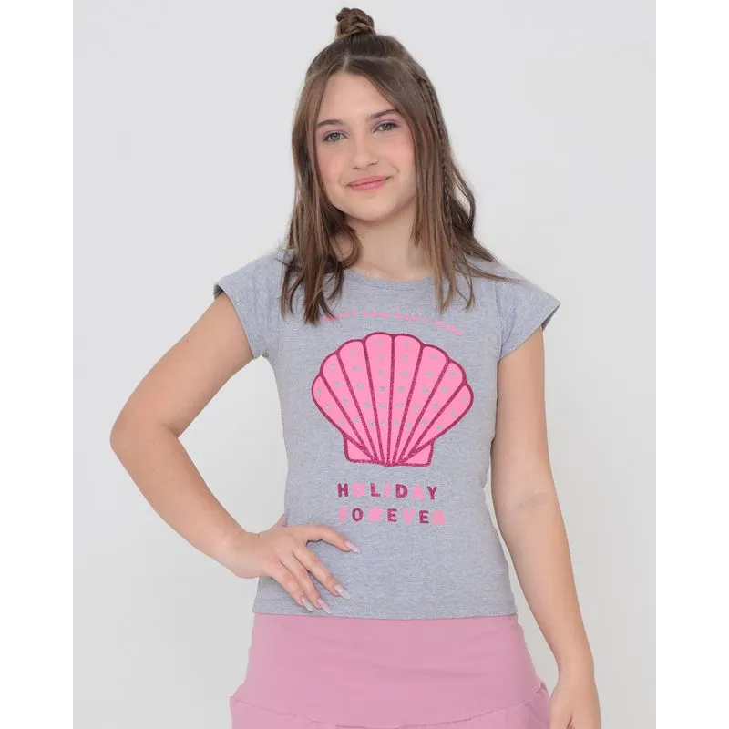 Blusa Juvenil Estampa Brilho Manga Curta Cinza Claro 10