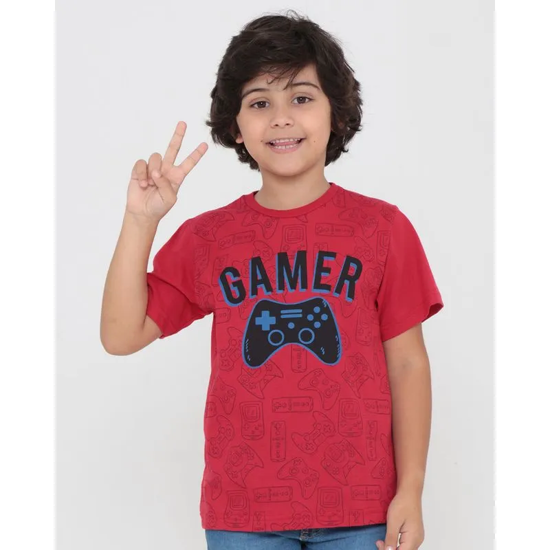 Camiseta Infantil Manga Curta Estampa Gamer Vermelha 4