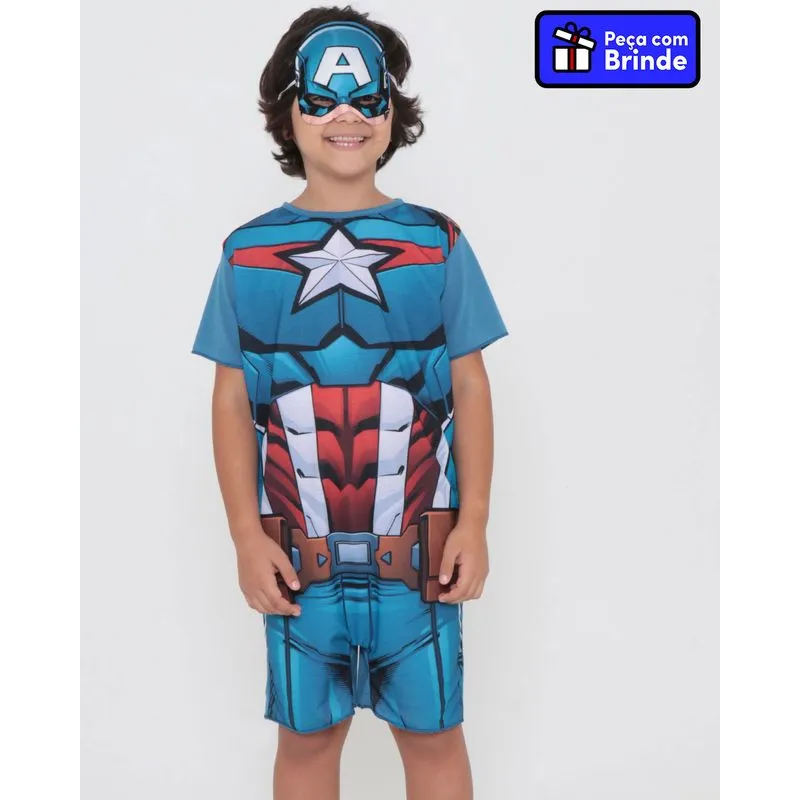 Macacão Infantil Com Máscara Capitão América Marvel Azul 6