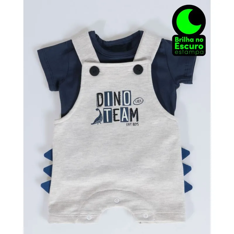 Conjunto Bebê Blusa e Jardineira Brilha No Escuro Dino Cinza G