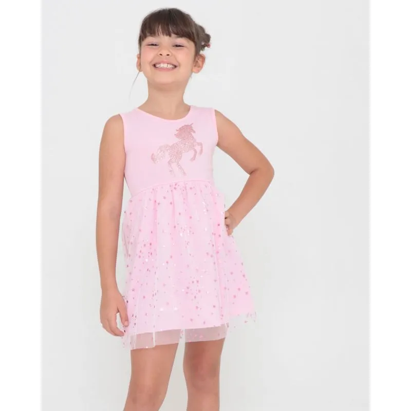 Vestido Infantil Com Tule Estampa Unicórnio Rosa 10