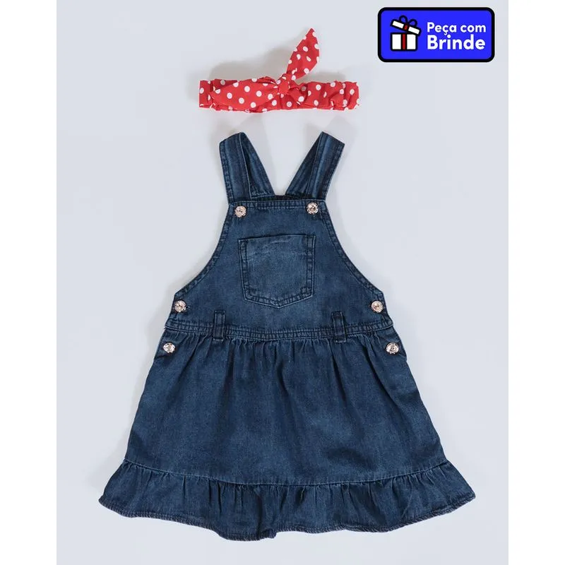 Jardineira Jeans Com Brinde Tiara Bebê Azul Escuro 1