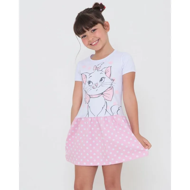 Vestido Infantil Poá Gata Marie Disney Branco 10