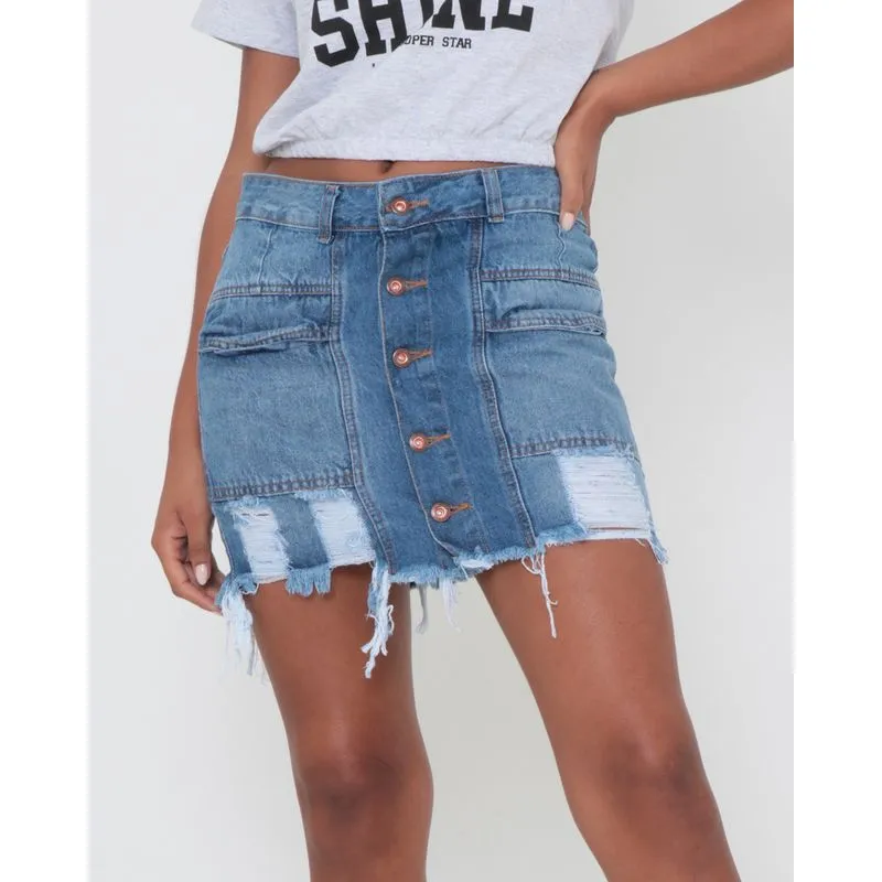 Saia Jeans Com Botões Destroyed Azul 42