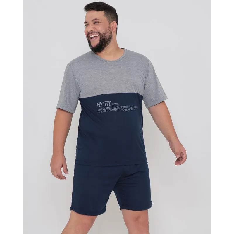 Pijama Masculino Plus Size Manga Curta Recortes Marinho G3