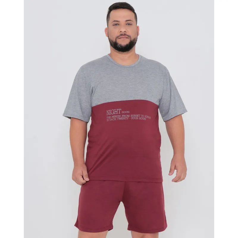 Pijama Masculino Plus Size Manga Curta Recortes Vinho G2