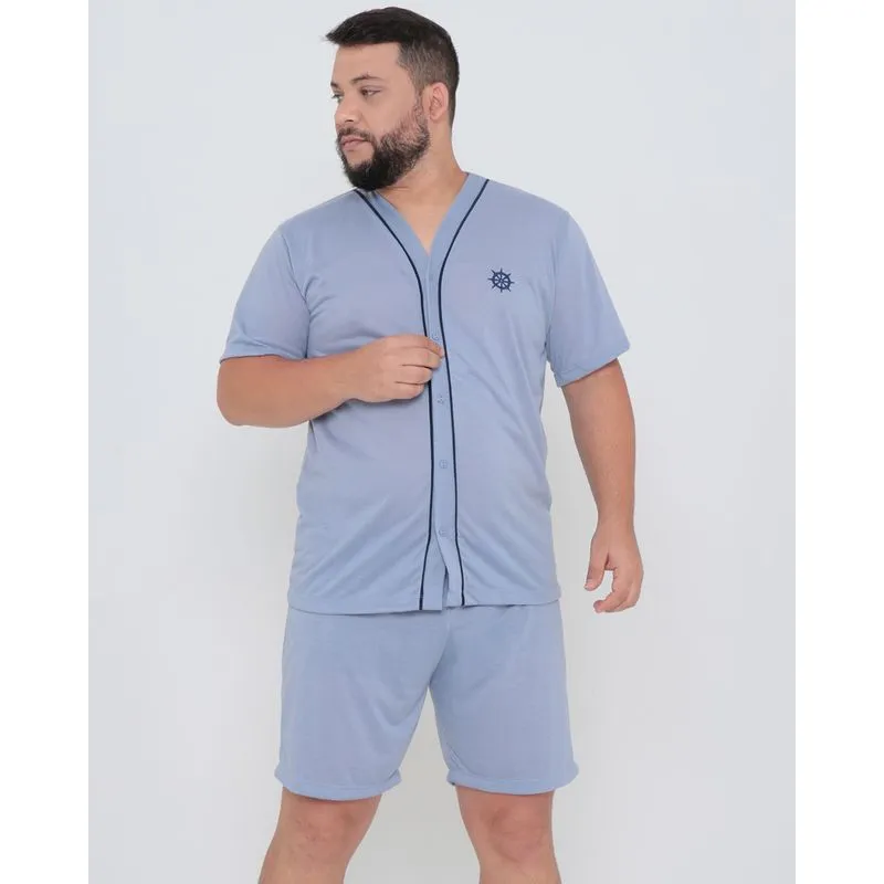 Pijama Masculino Plus Size Aberto Com Bordado Azul G3
