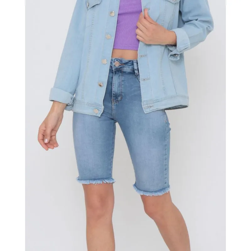 Bermuda Jeans Feminina Estonado Azul Claro 44