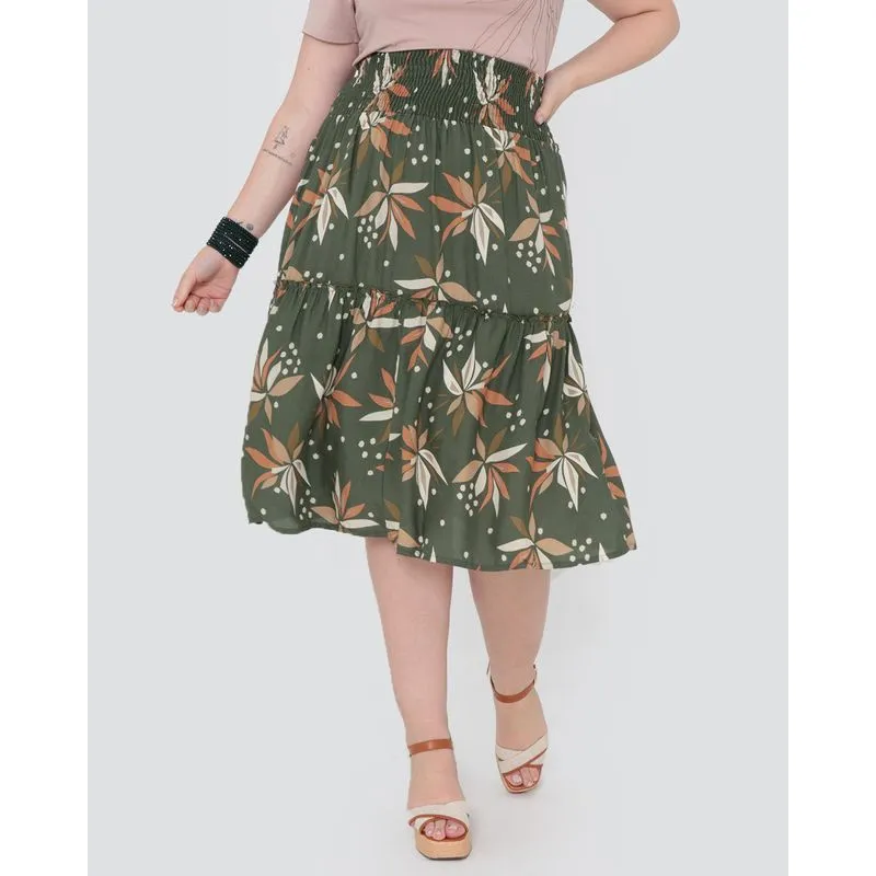 Saia Midi Plus Size Elástico Estampada Floral Verde G1