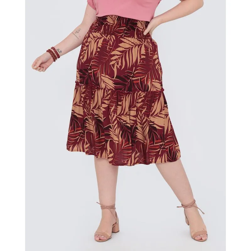 Saia Midi Plus Size Elástico Estampada Floral Vinho G3