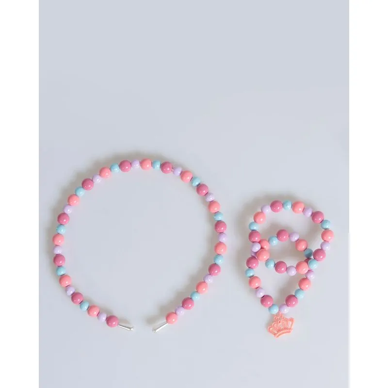 Kit Tiara + 2 Pulseiras Infantis Bolinhas Rosa UN
