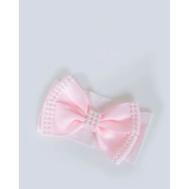 Faixa Para Bebê Laço Pérolas Meia Seda Rosa Claro UN