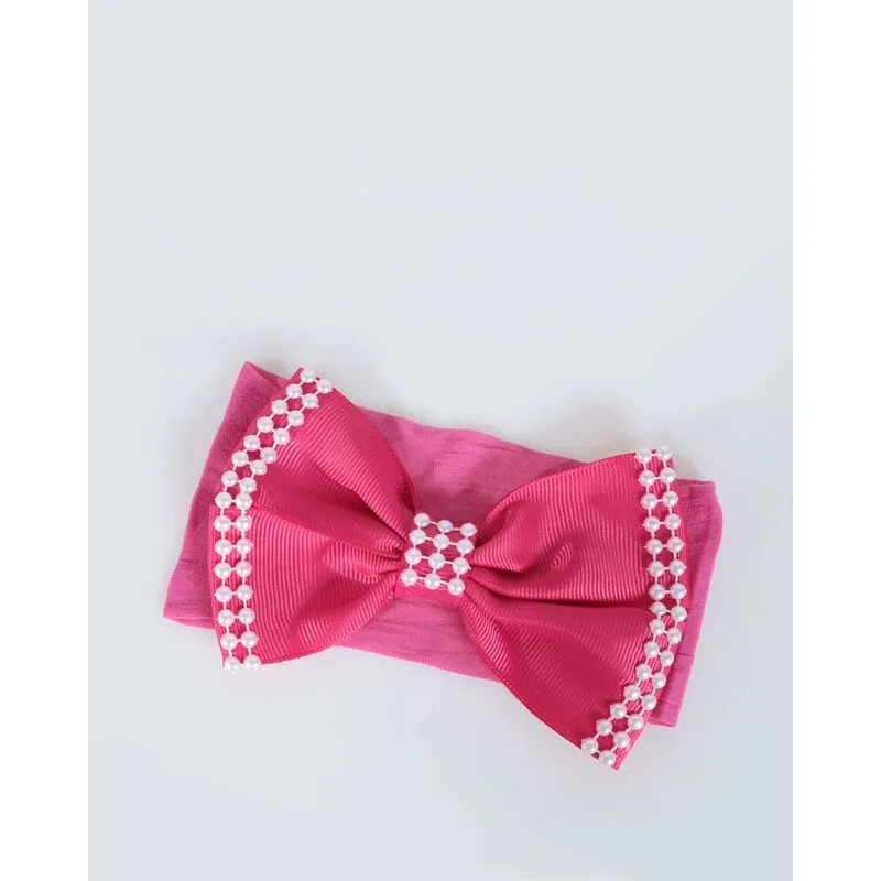 Faixa Para Bebê Laço Pérolas Meia Seda Rosa Pink UN