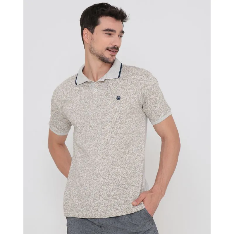 Polo Masculina Manga Curta Estampada Floral Bege Claro GG