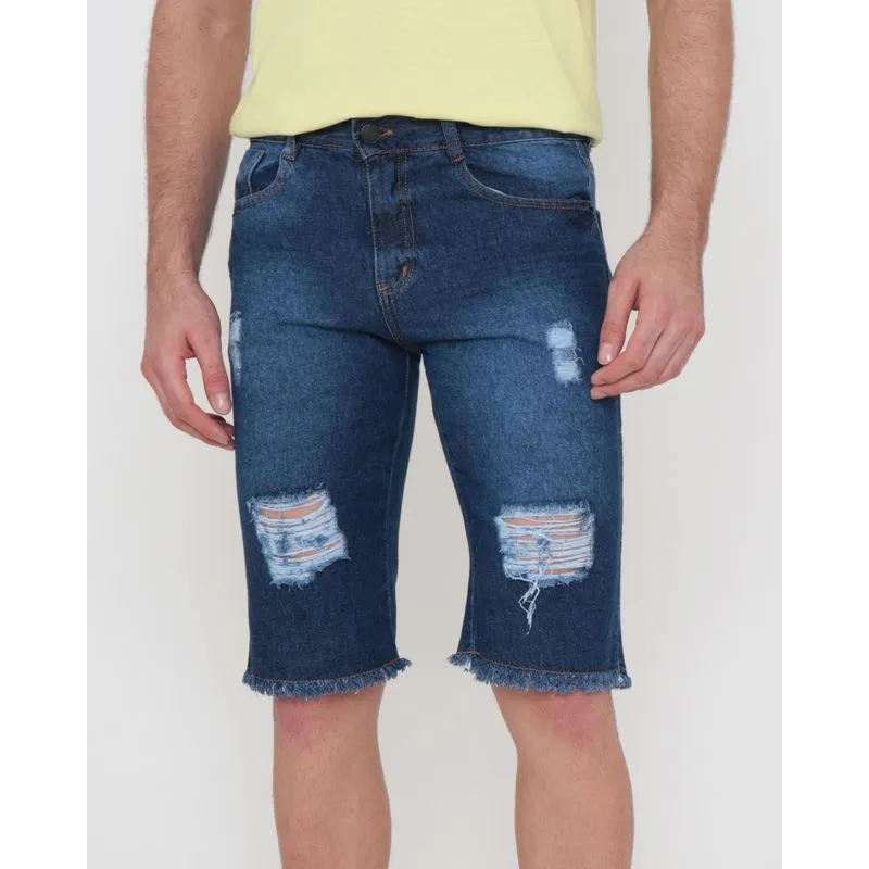 Bermuda Jeans Masculina Destroyed Azul Escuro 46