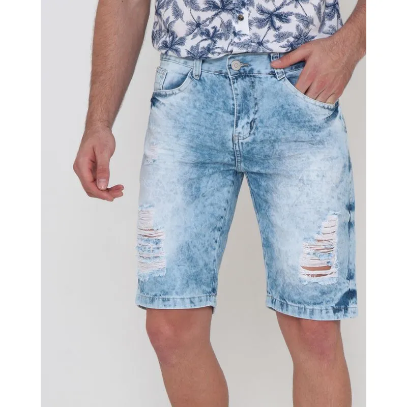 Bermuda Jeans Masculina Marmorizada Destroyed Azul Claro 40