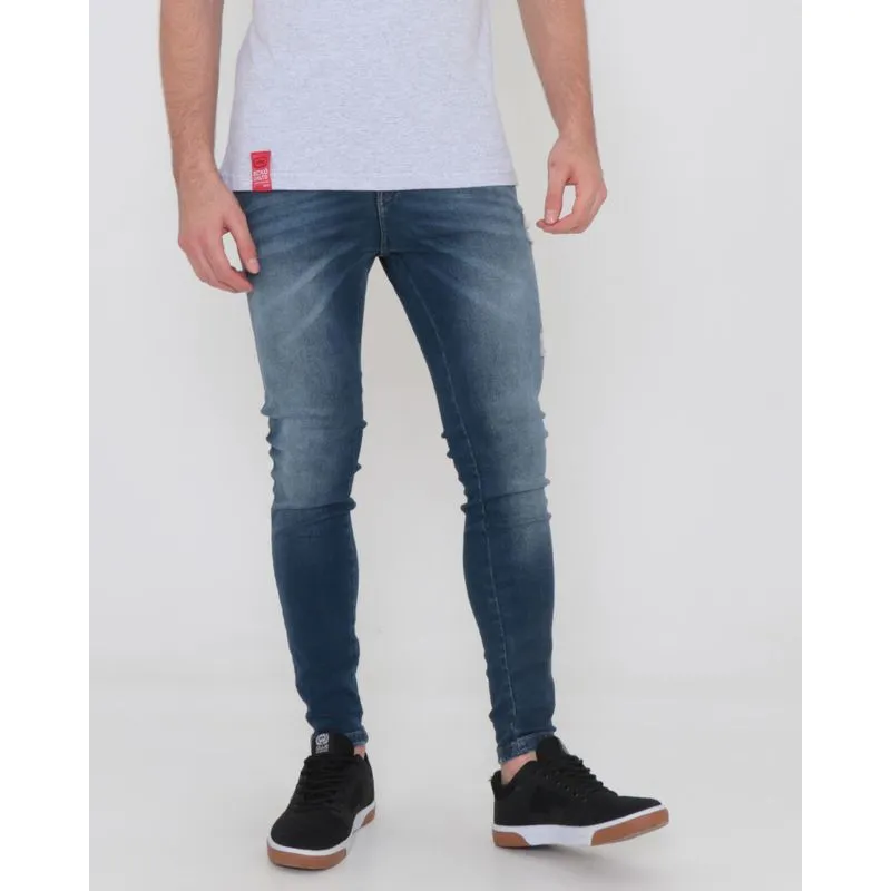 Calça Jeans Masculina Skinny Com Puídos Azul 42
