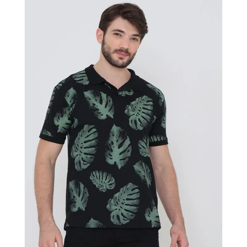 Polo Masculina Estampa Folhas Preta M