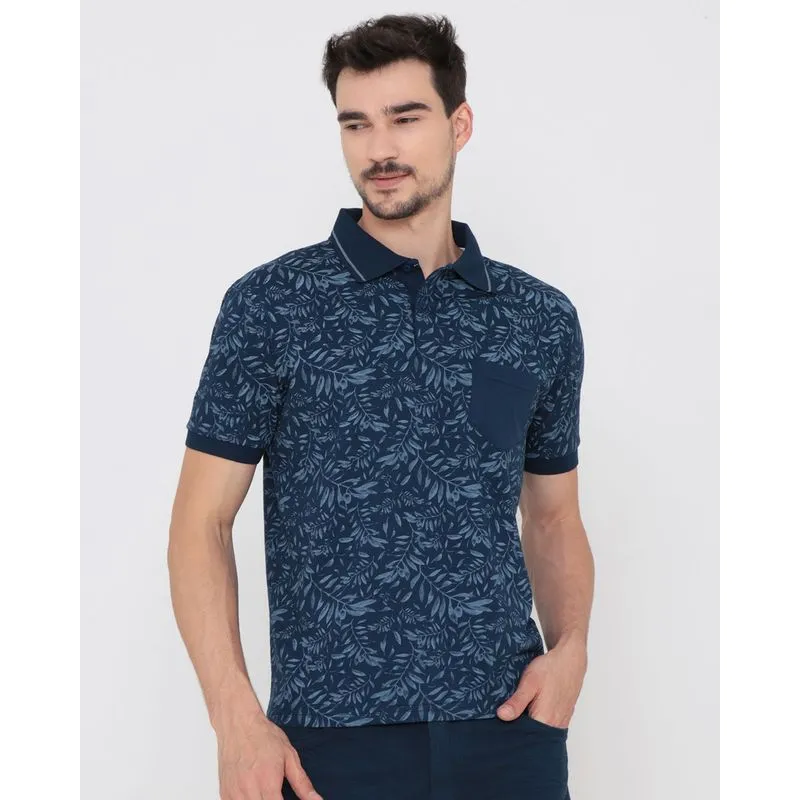 Polo Masculina Com Bolso Estampada Floral Azul Marinho G