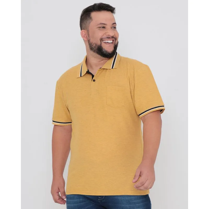 Polo Masculina Plus Size Piquet Detalhe Listrado Mostarda G1