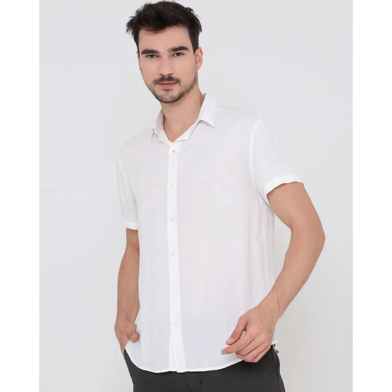 Camisa Masculina Manga Curta Viscose Lisa Off White P