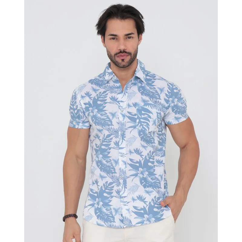 Camisa Masculina Manga Curta Estampada Floral Branca 4