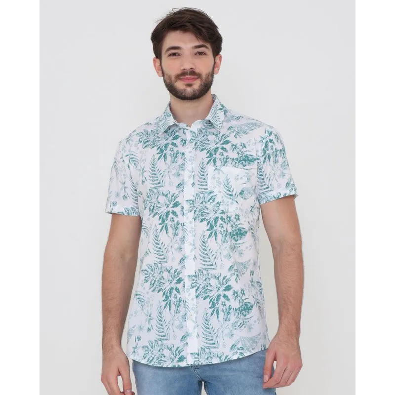 Camisa Masculina Com Bolso Único Estampa Floral Branca 2