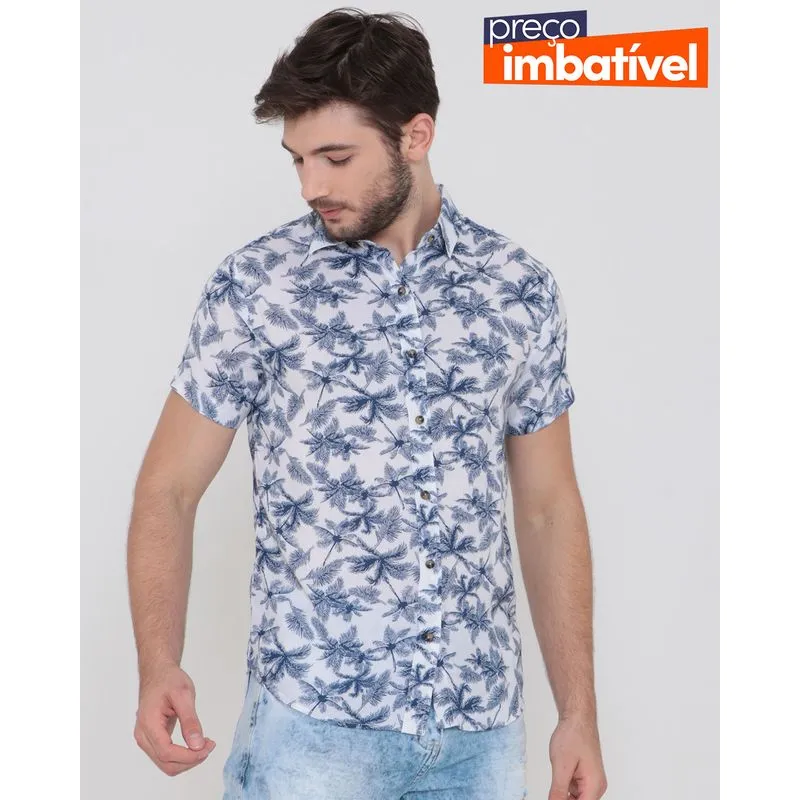 Camisa Masculina Manga Curta Viscose Coqueiros Branca M