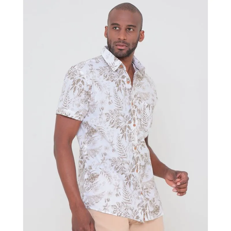 Camisa Masculina Manga Curta Viscose Floral Branca 4